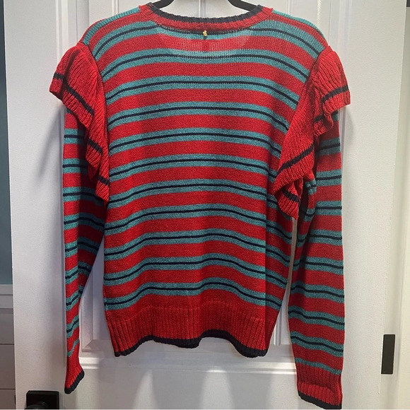 Anthropologie‎ Harlyn Red Blue Striped 
Ruffle Shoulder Sweater. Size Medium. - Picture 5 of 14